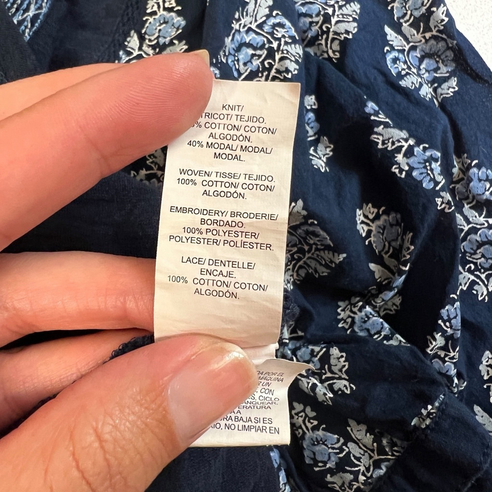 Lucky Brand Boho Peasant Top Navy Blue Floral Short Sleeve V Neck Women S/P - Picture 3 of 13